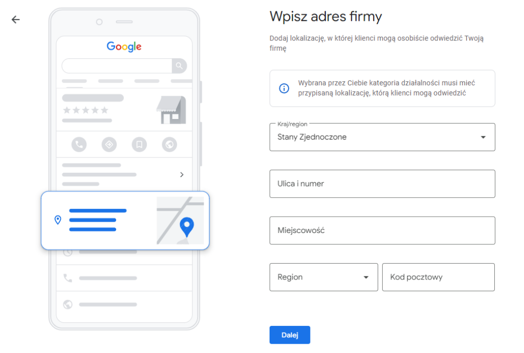 Dodawanie adresu firmy w Google Moja Firma