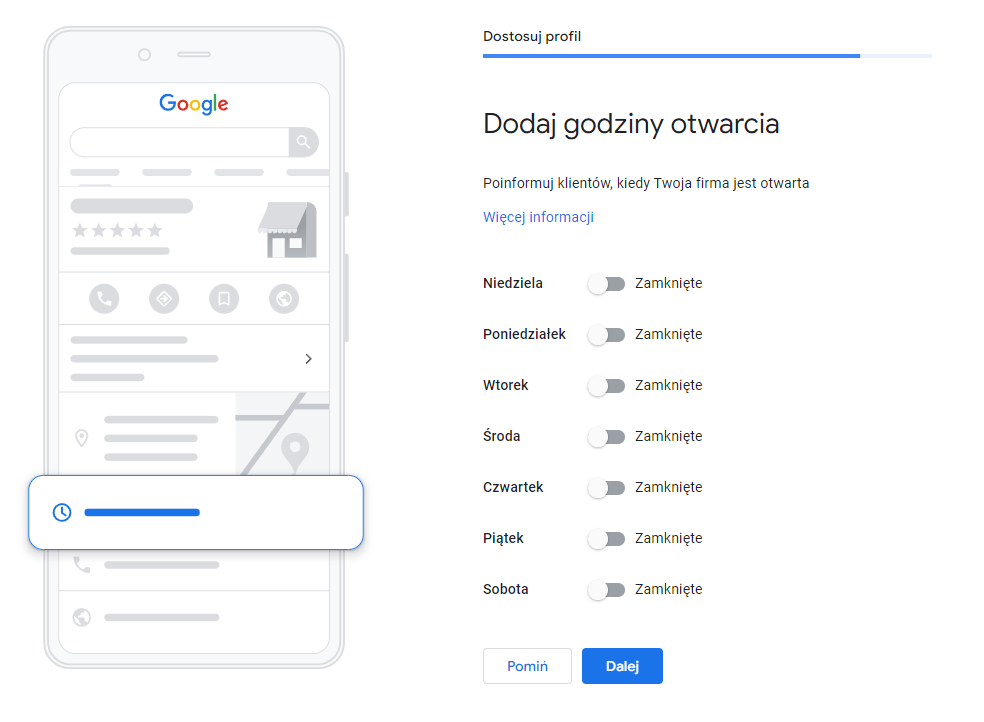 Dodawanie godzin otwarcia w Google Moja Firma