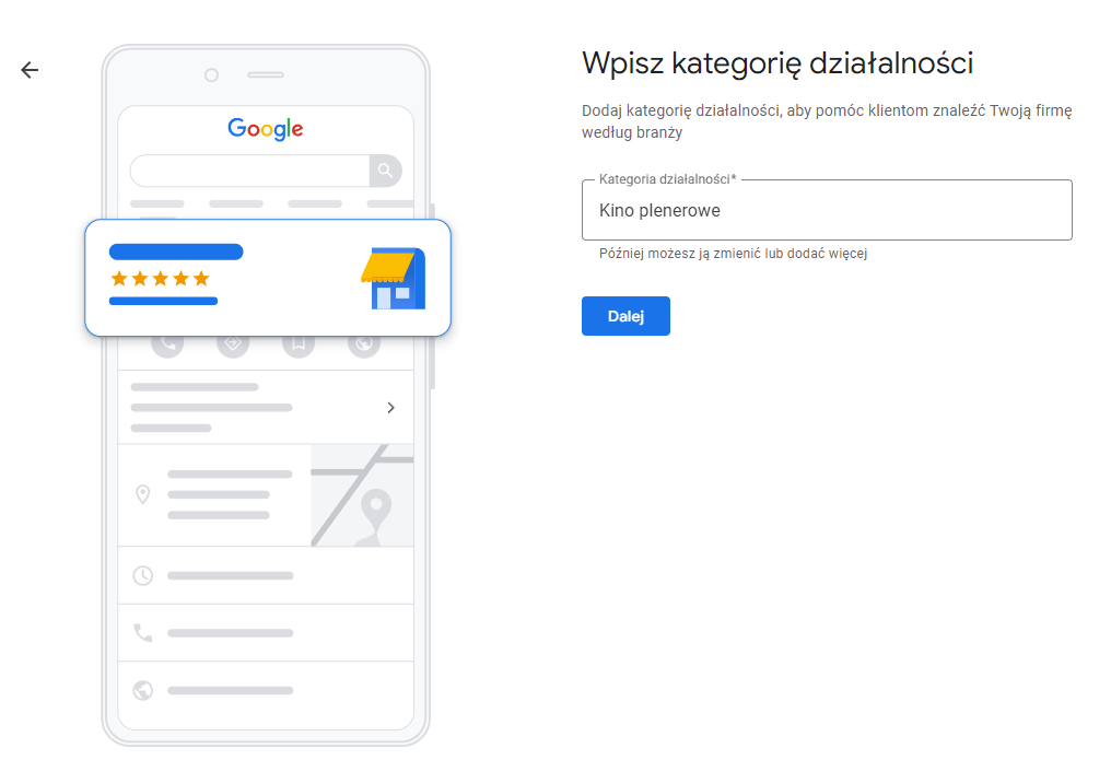 Dodawanie kategorii działalności w Google Moja Firma