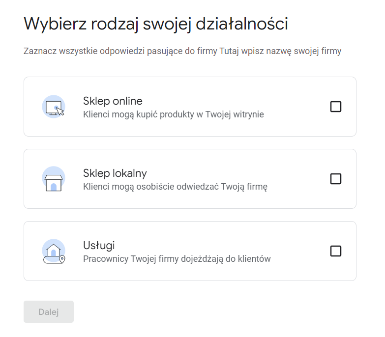 Wybieranie rodzaju działalności w Google Moja Firma