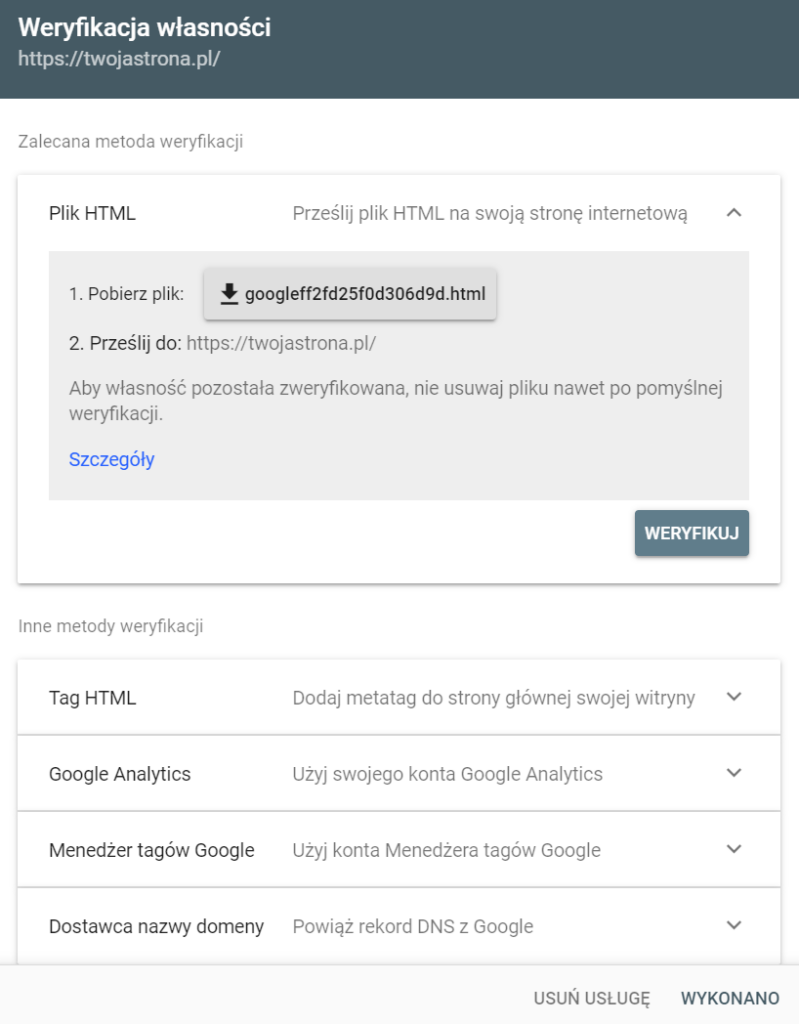 Widok weryfikacji własności Google Search Console