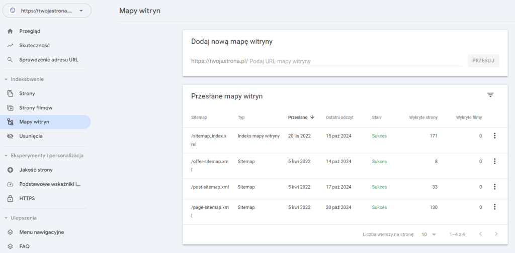 Widok dodawania mapy witryny w Google Search Console